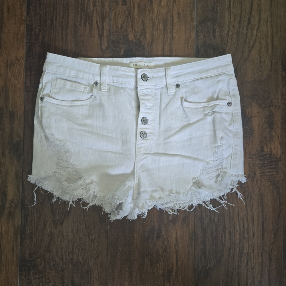 eunina White Distressed Button-Fly Denim Shorts
